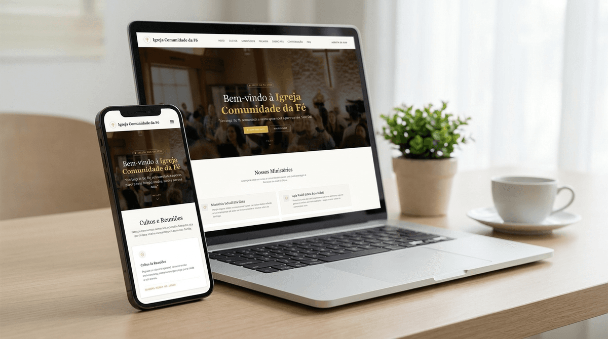 Site de uma igreja exibido em laptop e smartphone, mostrando um design profissional e responsivo